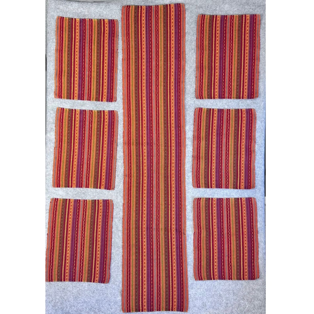 Bobby Flay Sangria Striped Cotton 6 Placemats & Large Table‎ Runner Red Orange